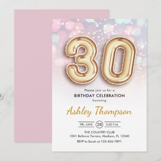 30e verjaardag - Gouden ballonnen Roze Lichten Kaart (Voorkant / Achterkant)