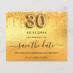 30e verjaardag gouden glitter budget save the date flyer