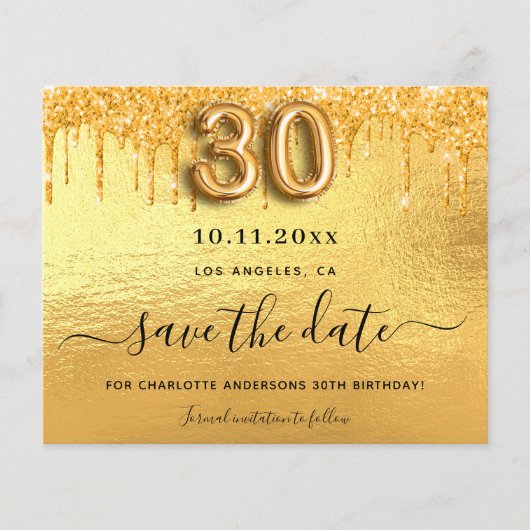 30e verjaardag gouden glitter budget save the date flyer (Voorkant)