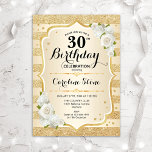 30e verjaardag - Goudstrepen witte rozen Kaart<br><div class="desc">30e uitnodiging van de verjaardag. Elegant bloemontwerp in goud en wit. Met faux glitter gouden strepen,  witte rozen,  stijlvol script font en confetti. Ideaal voor een glam verjaardagsfeestje.</div>