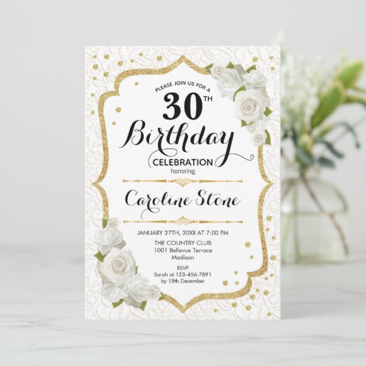 30e verjaardag - Goudwitte rozen Kaart (Staand voorkant)