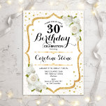 30e verjaardag - Goudwitte rozen Kaart<br><div class="desc">Elegant 30th Birthday Invitation. Stijlvol design in wit en goud. Met witte rozen,  een demperpatroon en een faux glitter confetti. Ideaal voor een glam tijdens de viering van de witte verjaardag. Kan op elke leeftijd aan show worden aangepast. Bericht me als u verdere aanpassing nodig hebt.</div>