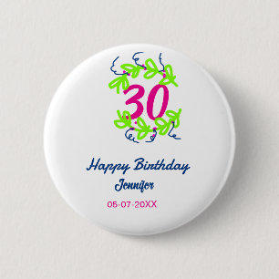 30e verjaardag groen blauwe krans naam datum rusti ronde button 5,7 cm