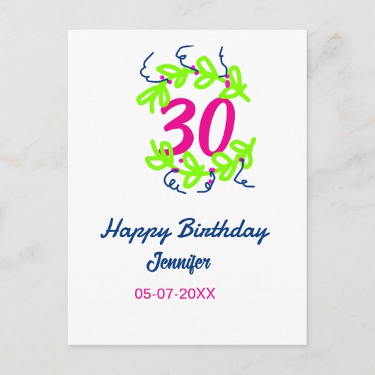 30e verjaardag groene blauwe krans naam datum rust briefkaart (Voorkant)