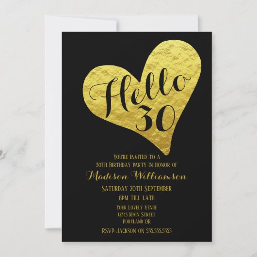 30e verjaardag Hallo 30 zwart en Faux Gold Heart Kaart (Voorkant)