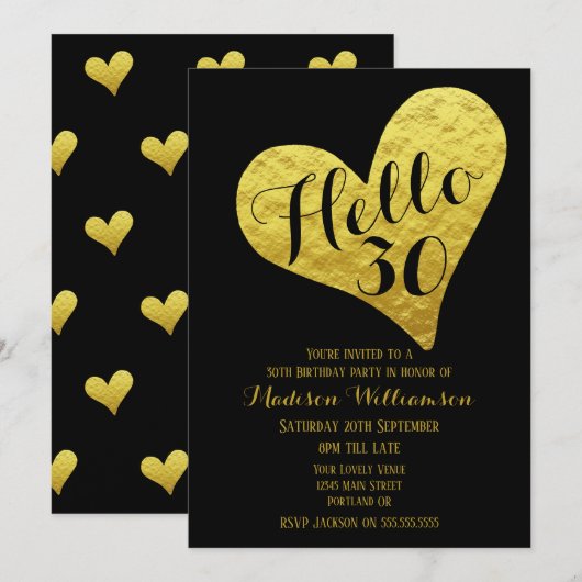 30e verjaardag Hallo 30 zwart en Faux Gold Heart Kaart (Voorkant / Achterkant)