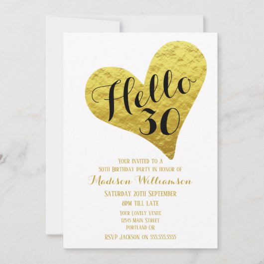 30e verjaardag Hallo 30 zwart en Faux Gold Heart Kaart (Voorkant)