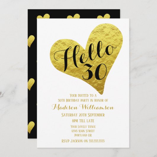 30e verjaardag Hallo 30 zwart en Faux Gold Heart Kaart (Voorkant / Achterkant)