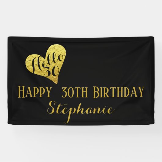 30e verjaardag Hallo 30 zwart en Faux Gold Heart Spandoek (Horizontaal)