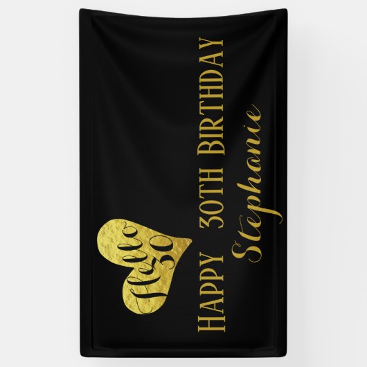 30e verjaardag Hallo 30 zwart en Faux Gold Heart Spandoek (Verticaal)