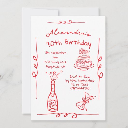 30e verjaardag hand getekend rood grillig kaart (Voorkant)