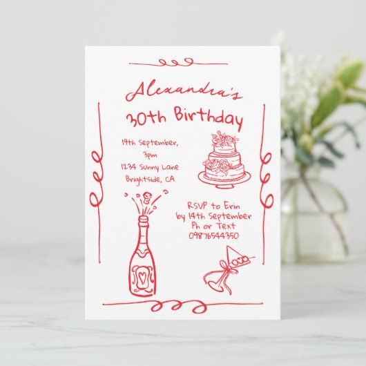 30e verjaardag hand getekend rood grillig kaart (Staand voorkant)