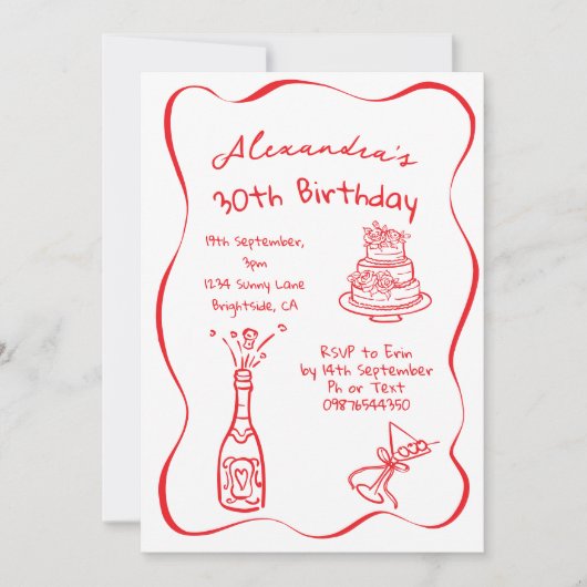 30e verjaardag Hand getekend rood wit grillig Kaart (Voorkant)