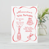 30e verjaardag Hand getekend rood wit grillig Kaart (Staand voorkant)