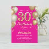 30e verjaardag Hot Pink en Gold Balloons Confetti Kaart (Staand voorkant)