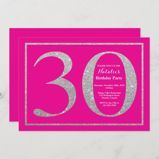 30e verjaardag Hot Pink en Silver Glitter Kaart (Voorkant / Achterkant)