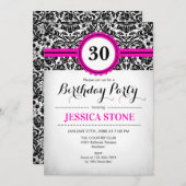 30e verjaardag - Hot Pink Zwart Wit Damask Kaart (Voorkant / Achterkant)