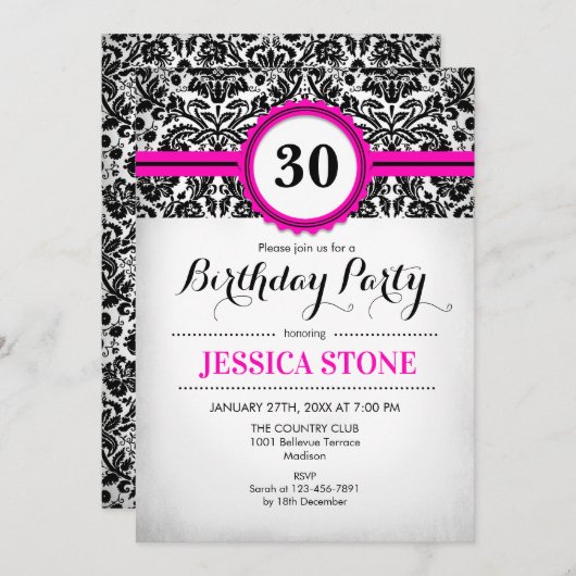 30e verjaardag - Hot Pink Zwart Wit Damask Kaart (Voorkant / Achterkant)