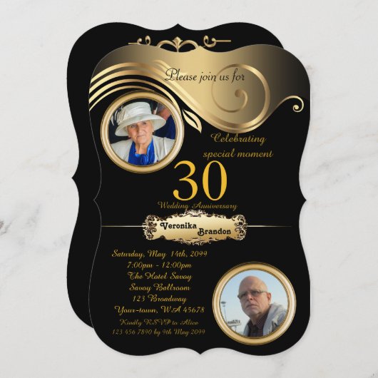 30e verjaardag huwelijk, art deco, zwart goud kaart (Voorkant / Achterkant)