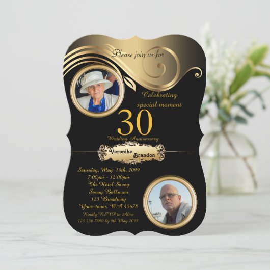 30e verjaardag huwelijk, art deco, zwart goud kaart (Staand voorkant)