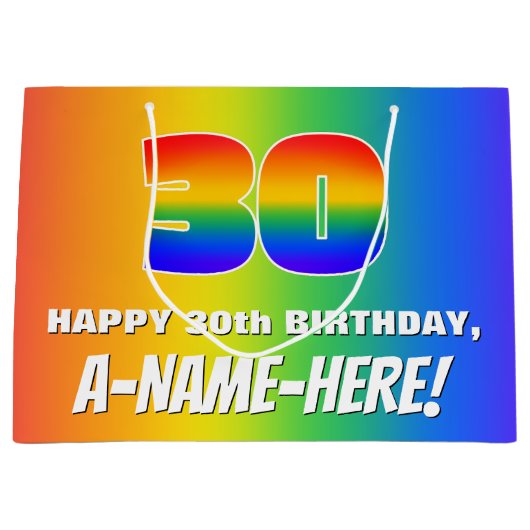 30e verjaardag: kleurrijk, vun regenboogpatroon # groot cadeauzakje (Voorkant)