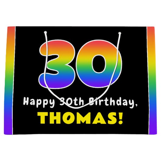 30e verjaardag: kleurrijke regenboog # 30, aangepa groot cadeauzakje (Voorkant)