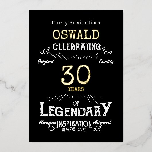 30e verjaardag Legendary Zwart Goud Retro Folie Uitnodiging (Voorkant)