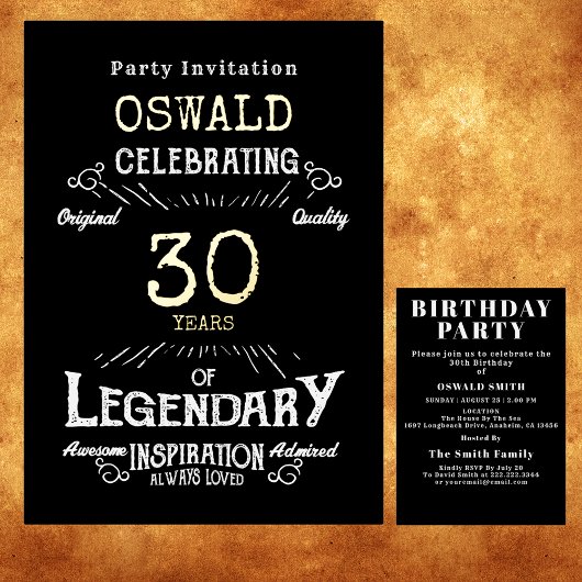 30e verjaardag Legendary Zwart Goud Retro Folie Uitnodiging