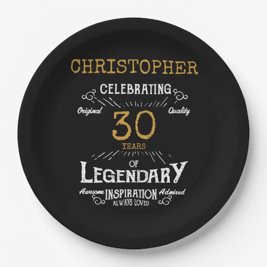 30e verjaardag Legendary Zwart Goud Retro Papieren Bordje (Voorkant)