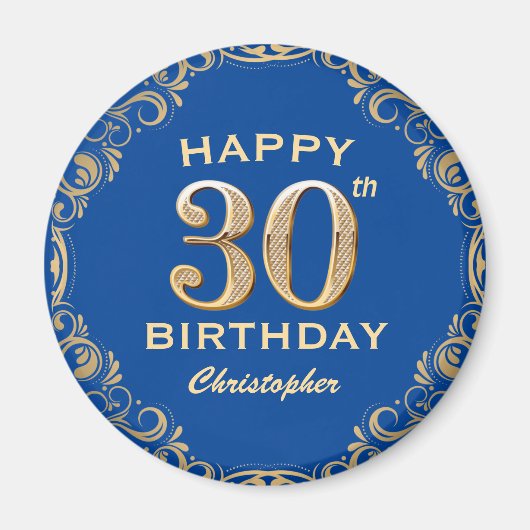 30e verjaardag Lijst Blauw en Glitter Glitter Magneet (Voorkant)