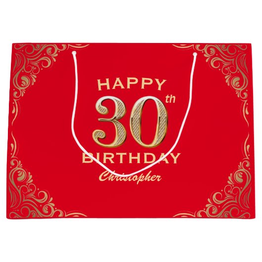 30e verjaardag Lijst van Red en Gold Glitter Groot Cadeauzakje (Voorkant)