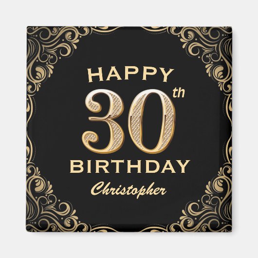 30e verjaardag Lijst voor zwarte feestdag en goudg Magneet (Voorkant)