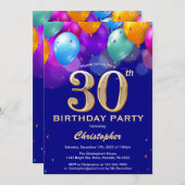 30e verjaardag marineblauw en goudkleurige ballonn kaart (Voorkant / Achterkant)