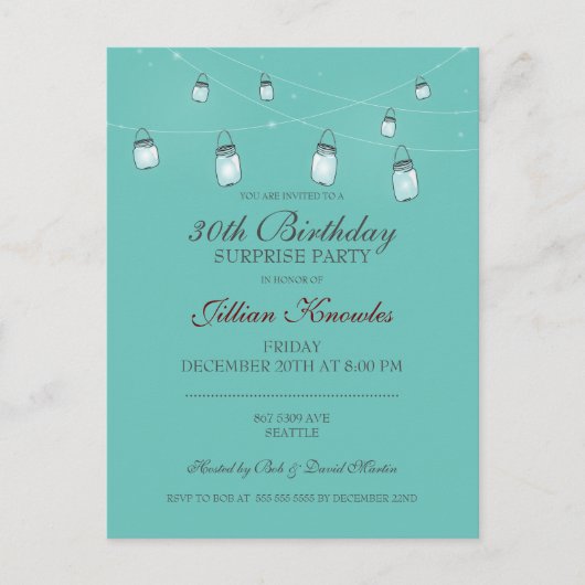 30e verjaardag Mason Jar Lights Uitnodiging Briefkaart (Voorkant)