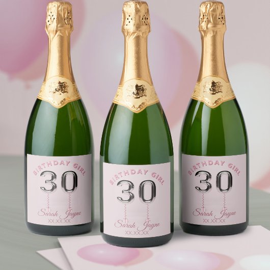 30e verjaardag Meisje Blush Roze Zilver 30 Ballon Sparkling Wijnetiket