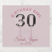 30e verjaardag Meisje Blush Roze Zilver 30 Ballon Sparkling Wijnetiket (Enkel label)