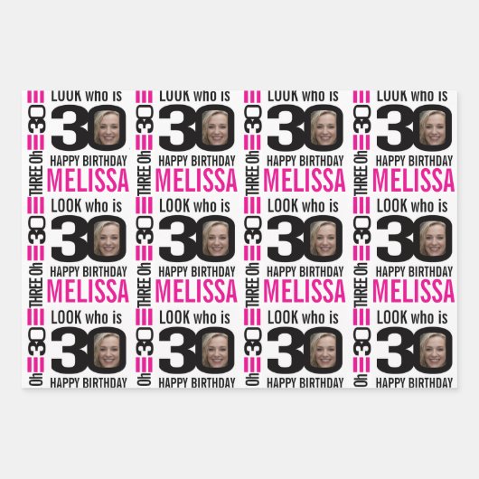 30e verjaardag meisjes foto's zwart-wit roze wr inpakpapier vel (Voorkant 2)