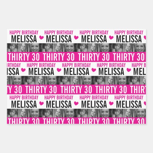 30e verjaardag meisjes foto's zwart-wit roze wr inpakpapier vel (Voorkant)