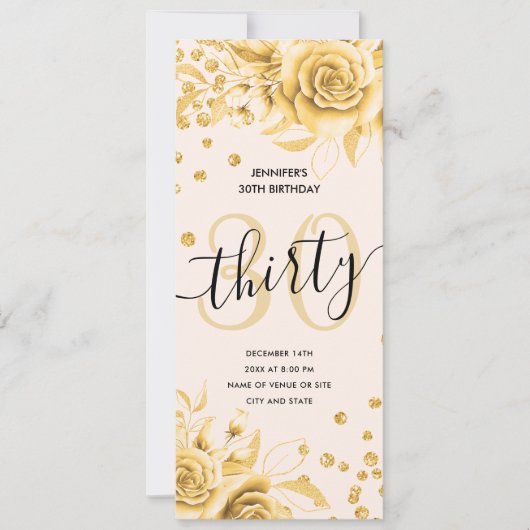 30e verjaardag Menu Gouden Bloemen Glitter Kaart (Voorkant)