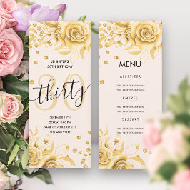 30e verjaardag Menu Gouden Bloemen Glitter Kaart