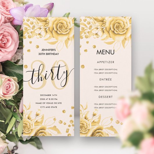 30e verjaardag Menu Gouden Bloemen Glitter Kaart