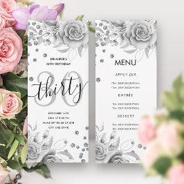 30e verjaardag Menu Zilveren Bloemen Glitter Kaart