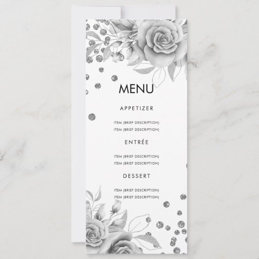 30e verjaardag Menu Zilveren Bloemen Glitter Kaart (Achterkant)