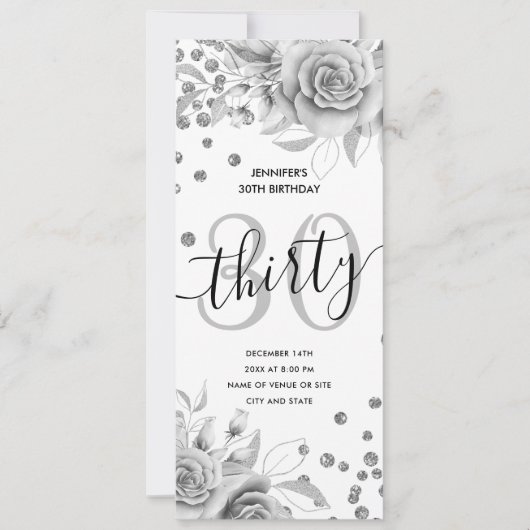 30e verjaardag Menu Zilveren Bloemen Glitter Kaart (Voorkant)