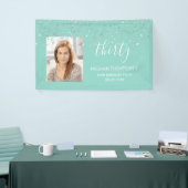 30e verjaardag Mint Green Silver Confetti Foto Spandoek (Beurs)