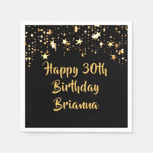 30e verjaardag Modern Black Gold Stars Naam Servet (Voorkant)