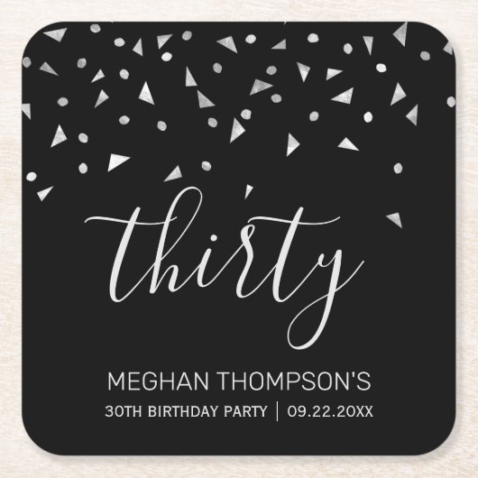 30e verjaardag Modern Black Silver Confetti Kartonnen Onderzetters (Voorkant)