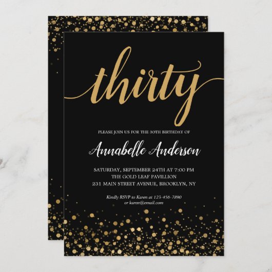 30e verjaardag Modern Gold Confetti Script Zwart Kaart (Voorkant / Achterkant)