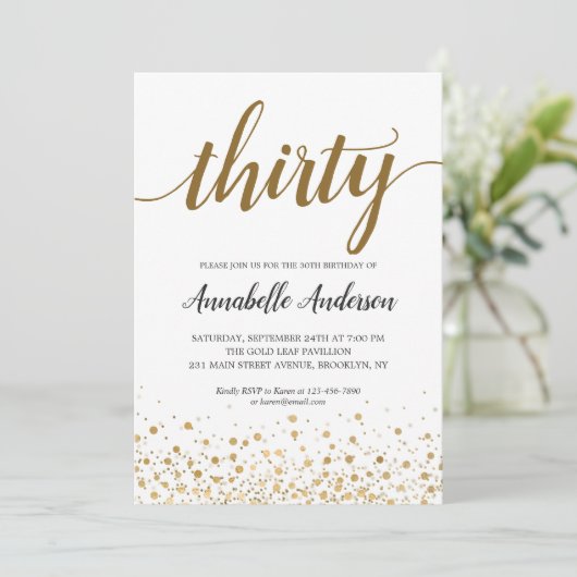 30e verjaardag Modern Gold Confetti Stippen Script Kaart (Staand voorkant)