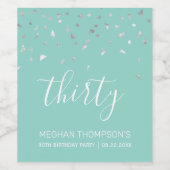 30e verjaardag Modern Mint Green Silver Confetti Wijn Etiket (Enkel label)